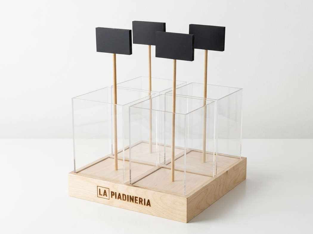 espositore in legno e plexiglass per prodotti alimentari